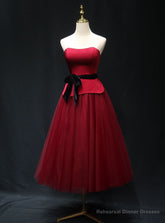 Burgundy Satin Tulle Strapless Prom Dress